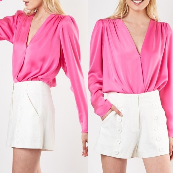 Luxe Label Tops - Neon Night Satin Surplice Bodysuit in Hot Pink